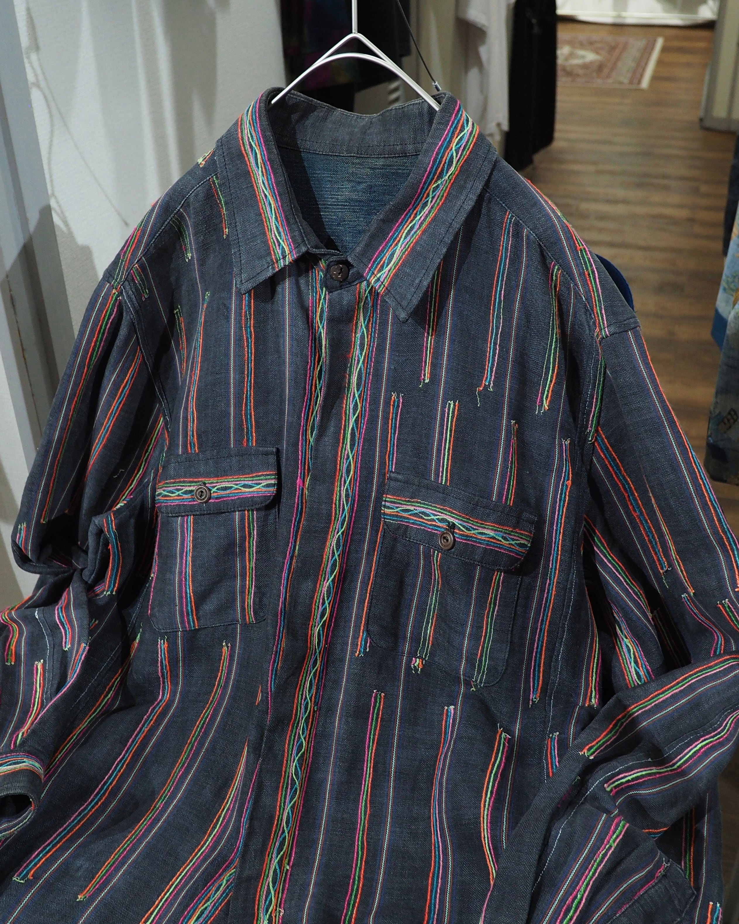 Colorful Thread Stripe Embroidery vintage Over Dyed shirt