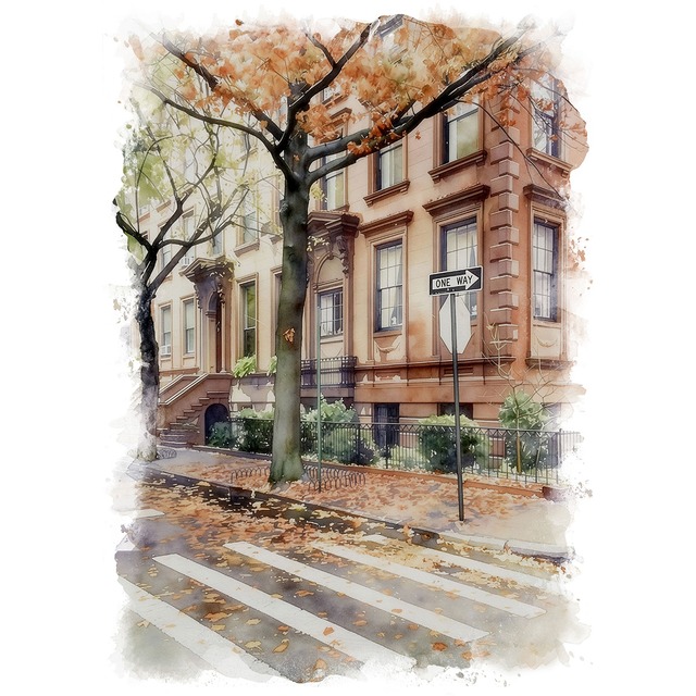 絵画 秋の風景 落葉と横断歩道 インテリアアート額付き 水彩画・油絵調 WAT0207