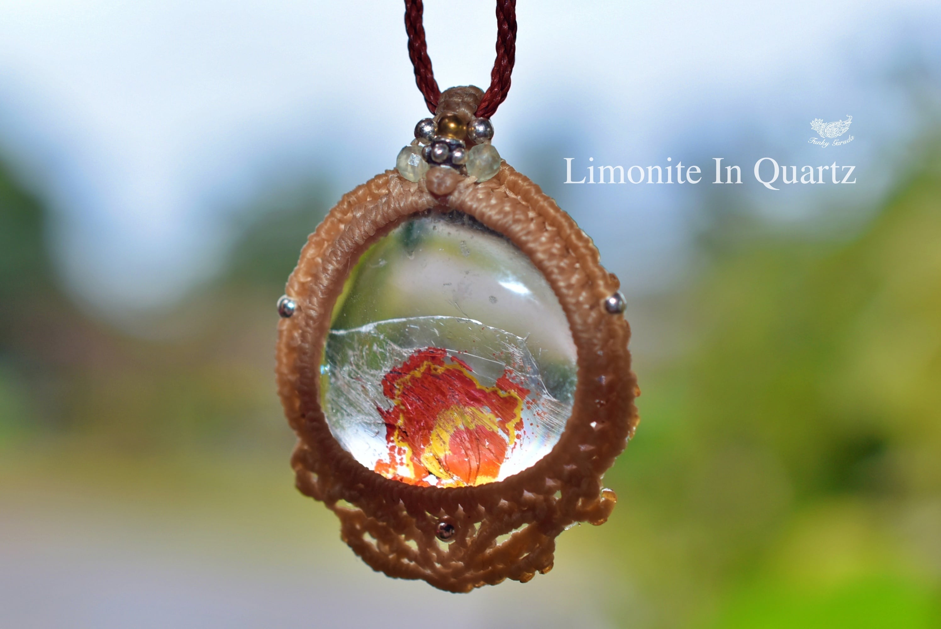 真っ赤な夕日★虹入り★ライモナイトインクォーツ マクラメネックレス1267