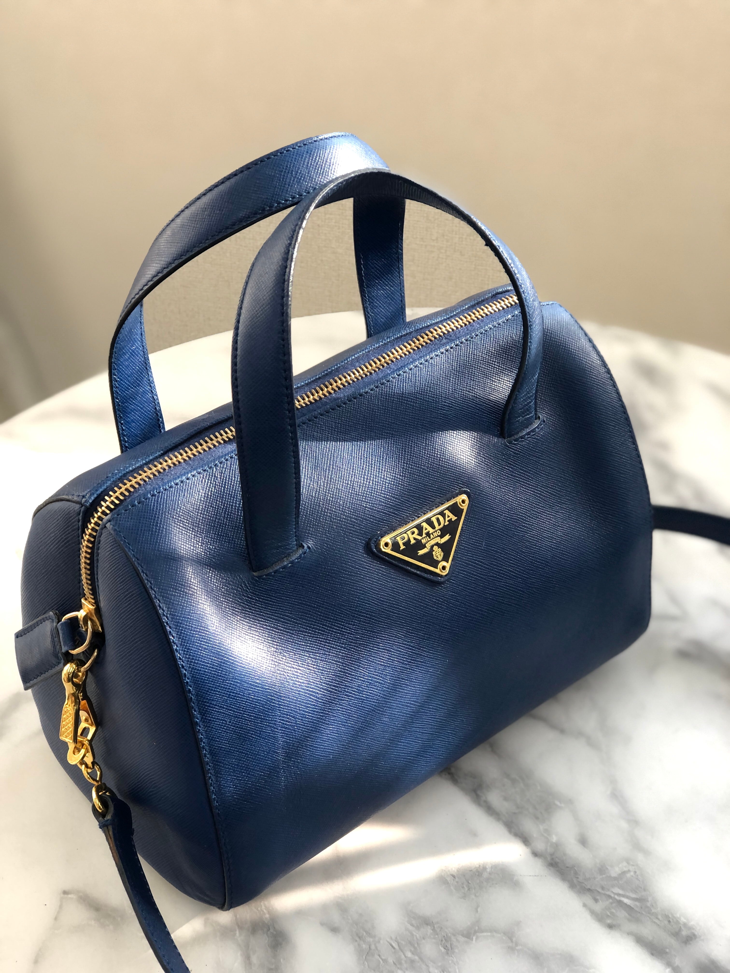 PRADA プラダ　トライアングルロゴ　サフィアーノレザー　ミニボストン　ミニバッグ　ショルダーバッグ　ブルー　vintage　ヴィンテージ　オールド　 mghj7s | VintageShop solo powered by BASE