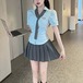 【3点セット】4色／エンブレムフロントギャザーショートシャツ＋プリーツミニスカ＋ネクタイ ・78009