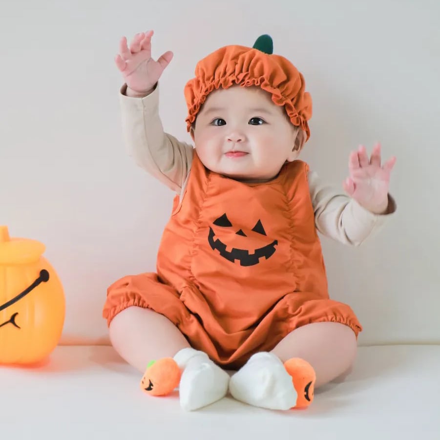 ,ベビー女の子男の子かぼちゃノースリーブロンパース 帽子付き ハロウィーンコスチューム パーティー lwb0098