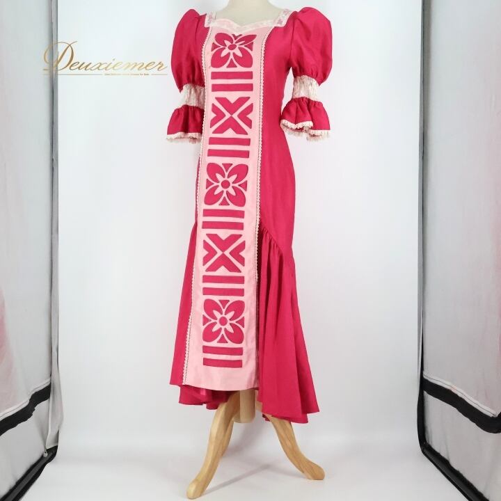 【美品 日本製 フラダンス衣装】レッド Paondor ワンピース ドレス 白 フラダンス 衣装 ワンピース ドレス ピンク系 パンドール ハワイアン