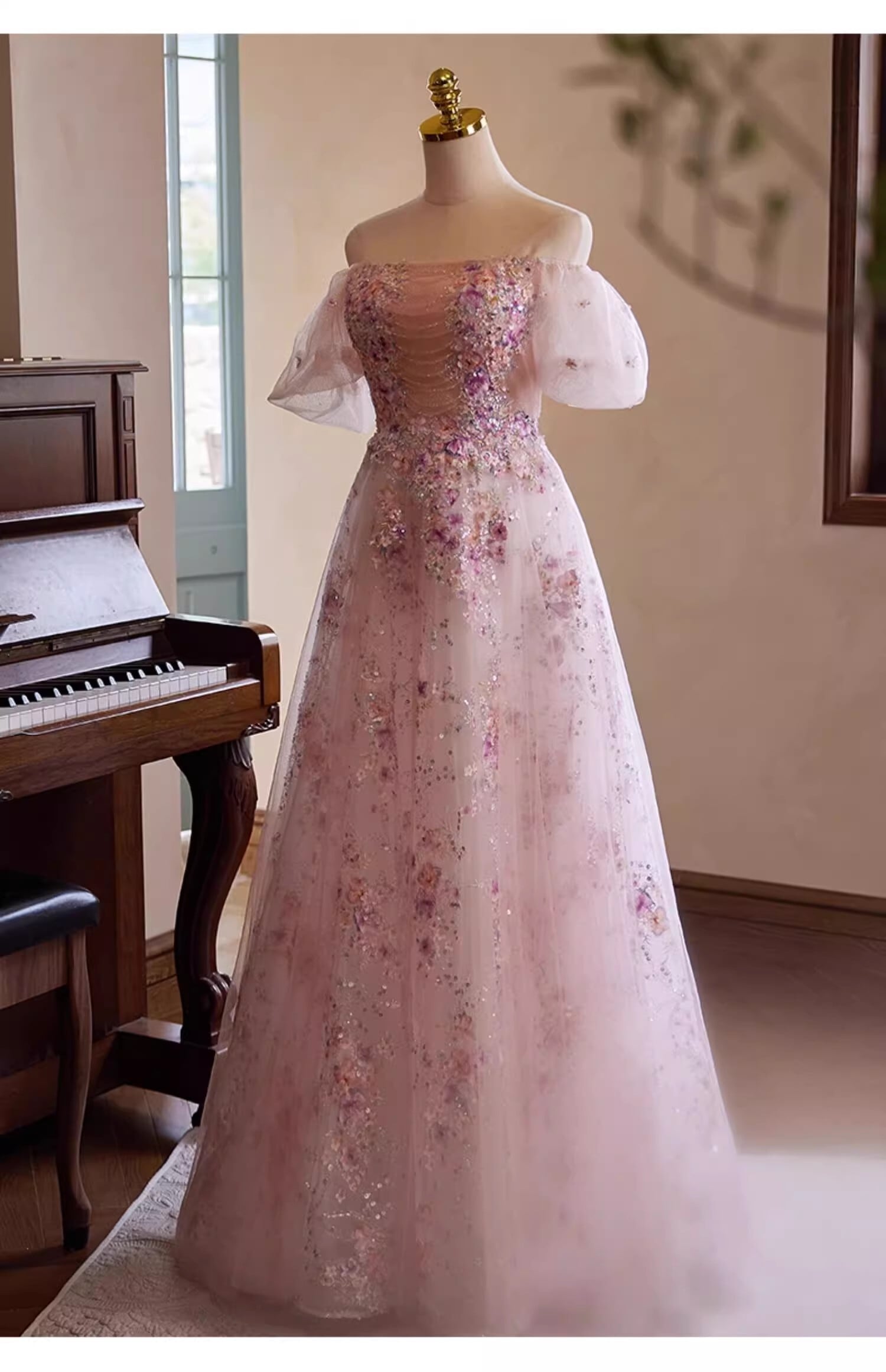 咲き誇る透け花レース ピンク紫 キラキラスパンコール カラードレス  