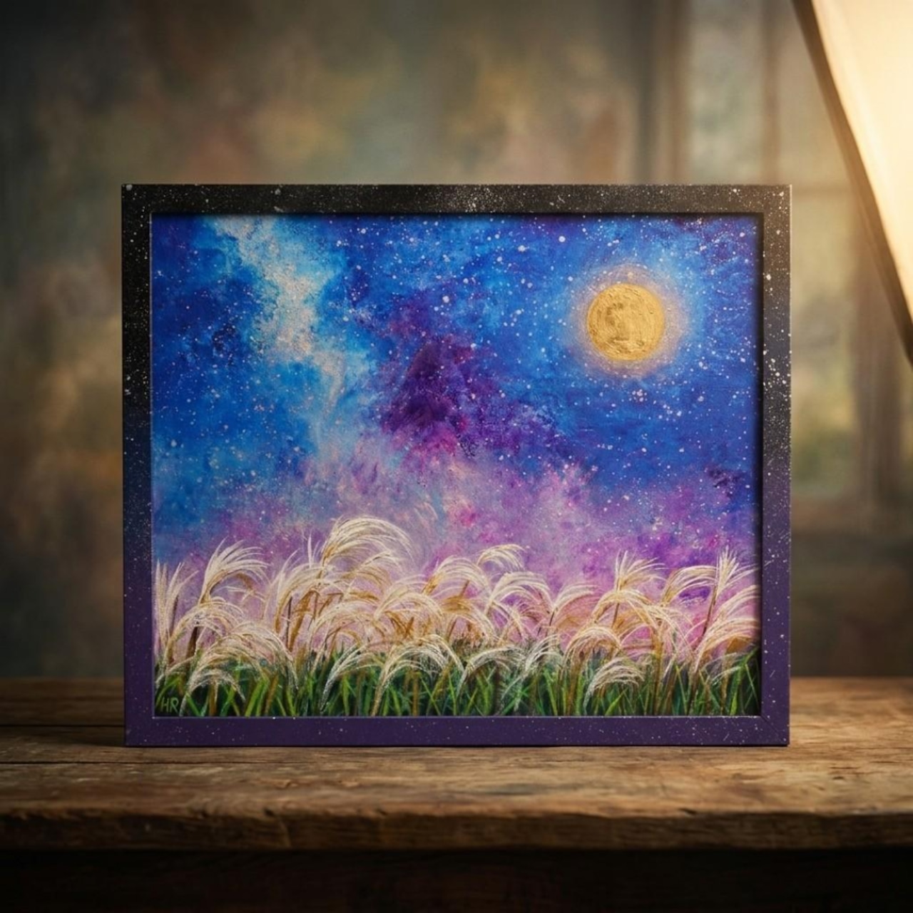 原画】黄金の月夜に揺れる ＊ 秋の夜空とススキの油絵（ラッピング無料