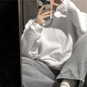 長袖 スウェット トレーナー レディース 韓国 トップス 春秋 おしゃれ エンボス加工 カジュアル 大人 かわいい 立体感 ゆったり 体型カバー 薄手 大人可愛い 大人女子