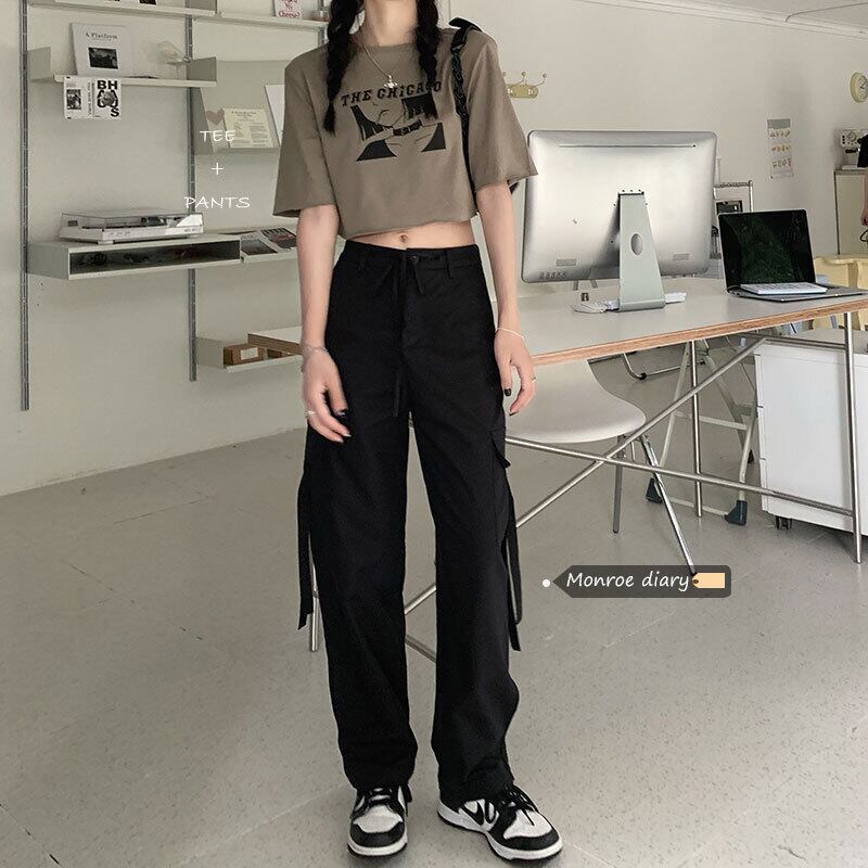 ブラックカジュアルパンツ オータム薄手スタイルルーズハイウェストウェストサマー 夏物 秋物 モンロー8808056837