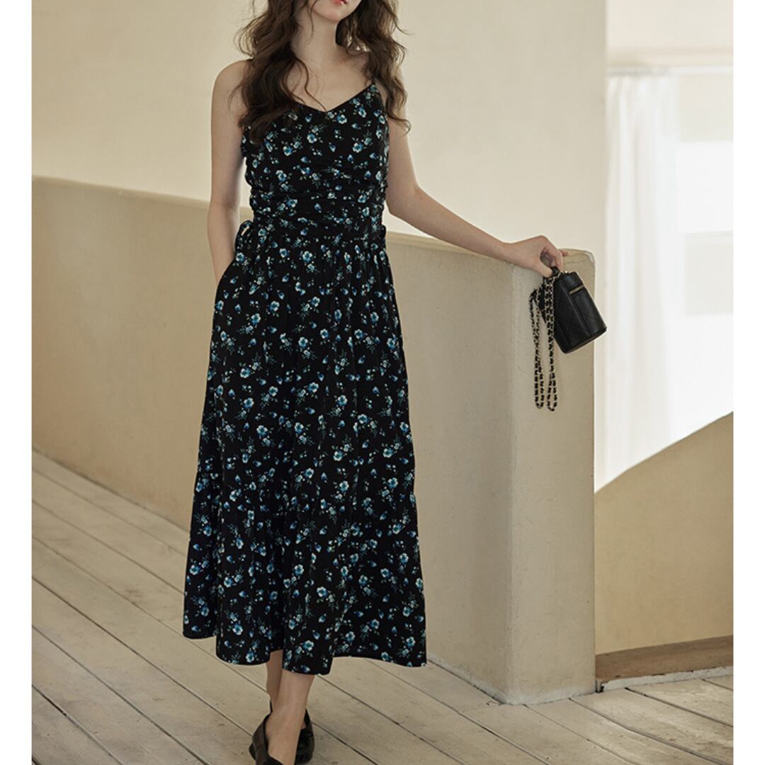 black color floral suspender dress