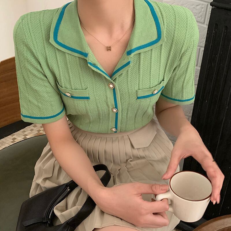 ストライプカラーシャツ レディースサマースタイルポケットセーター 夏物 ビッグFスモールZ韓国3524367535