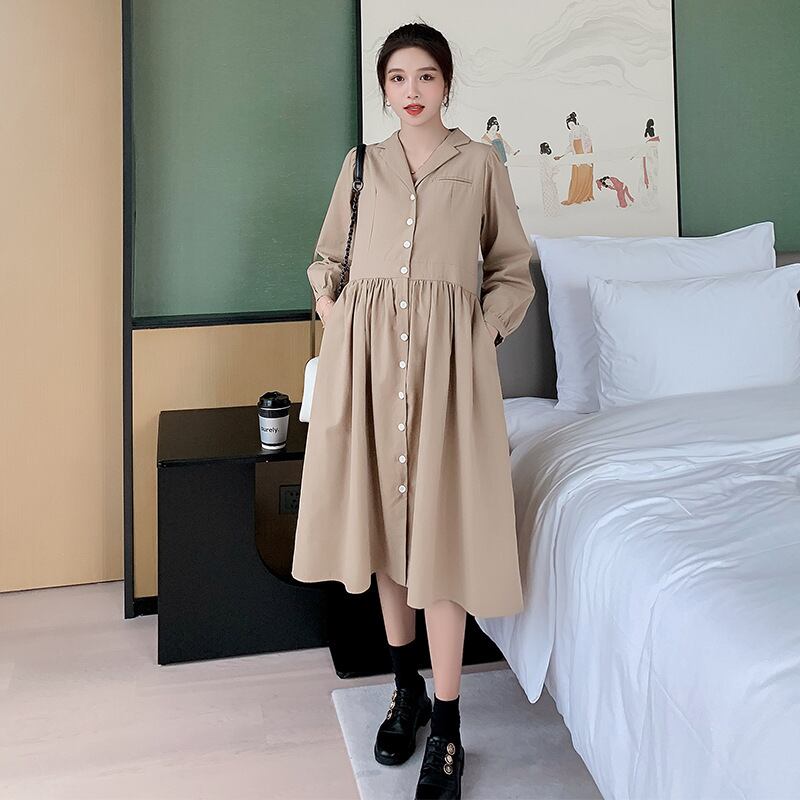 【新作】【送料無料】 マタニティウェア2020秋と冬の新しい綿とリネンのルーズスーツの襟のドレス、年齢を減らすミドル丈のファッションマタニティドレス-アリババ コットン オータム 秋物 ウィンター 冬物 expec284841963829