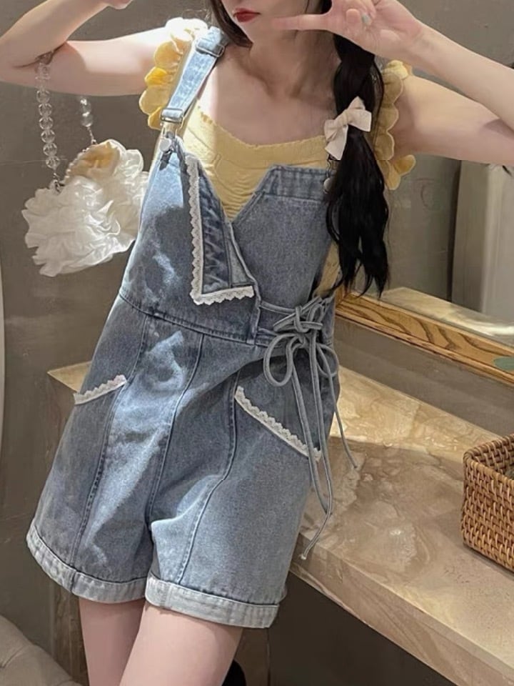 ラブリーリボンサロペットデニムパンツ ５日でお届け Dadagrande