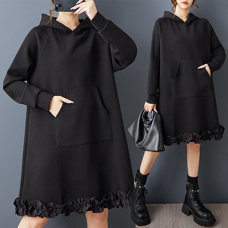 RUFFLED HOODED LONG SLEEVE SWEATSHIRT DRESS M-18813