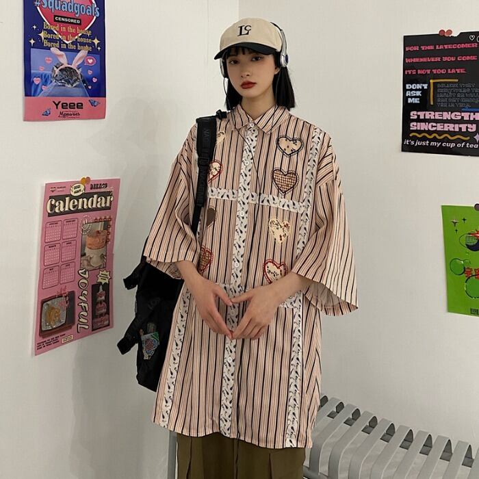 スタンダードストライプルーズシャツ サマーロングプリントブラウス レトロ 夏物 ケッペル69715882755
