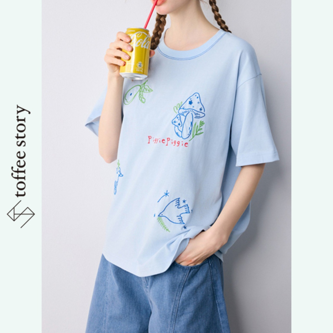 【2color】キュートなイラスト刺繍入り♡ラウンドネックTシャツ 《P0188》