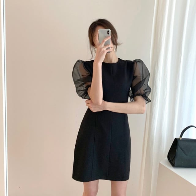 シースルーミニワンピース ブラック RANDY シースルー袖ミニワンピース