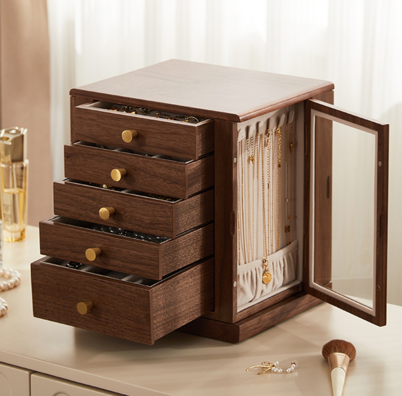 木製ジュエリーボックス 5段引き出し 大容量 アクセサリー収納 ネックレススタンド付き