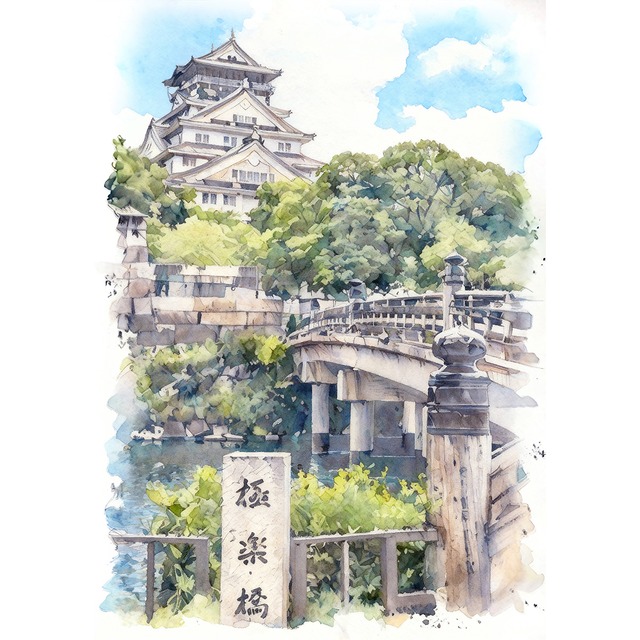 絵画 風景画 日本の城 風景画 大阪城 インテリアアート額付き 水彩画・油絵調 WAt0190