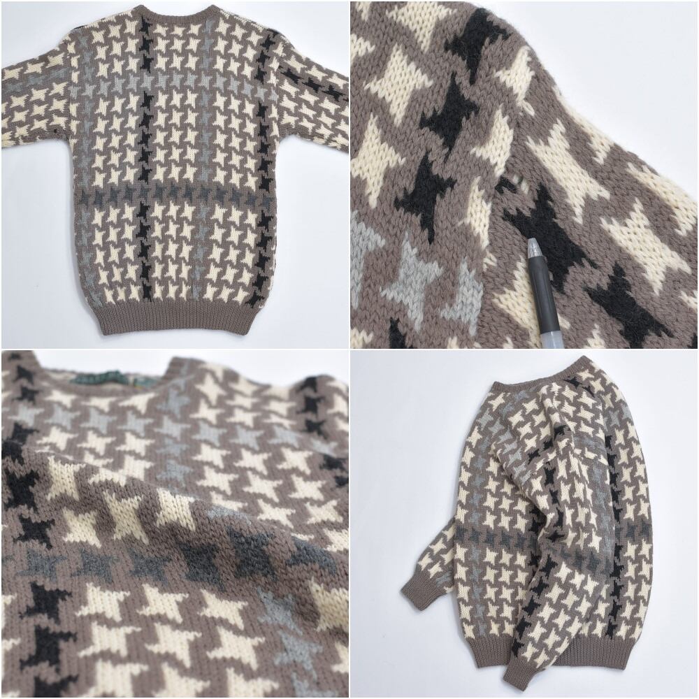 80～90s BRITCHES ハウンドトゥースチェック ハンドメイド セーター ピュアバージン ウール ヴィンテージ ニット グレージュ ビンテージ USA アメリカ古着 メンズL相当 80～90s BRITCHES ハウンドトゥースチェック ハンドメイド セーター