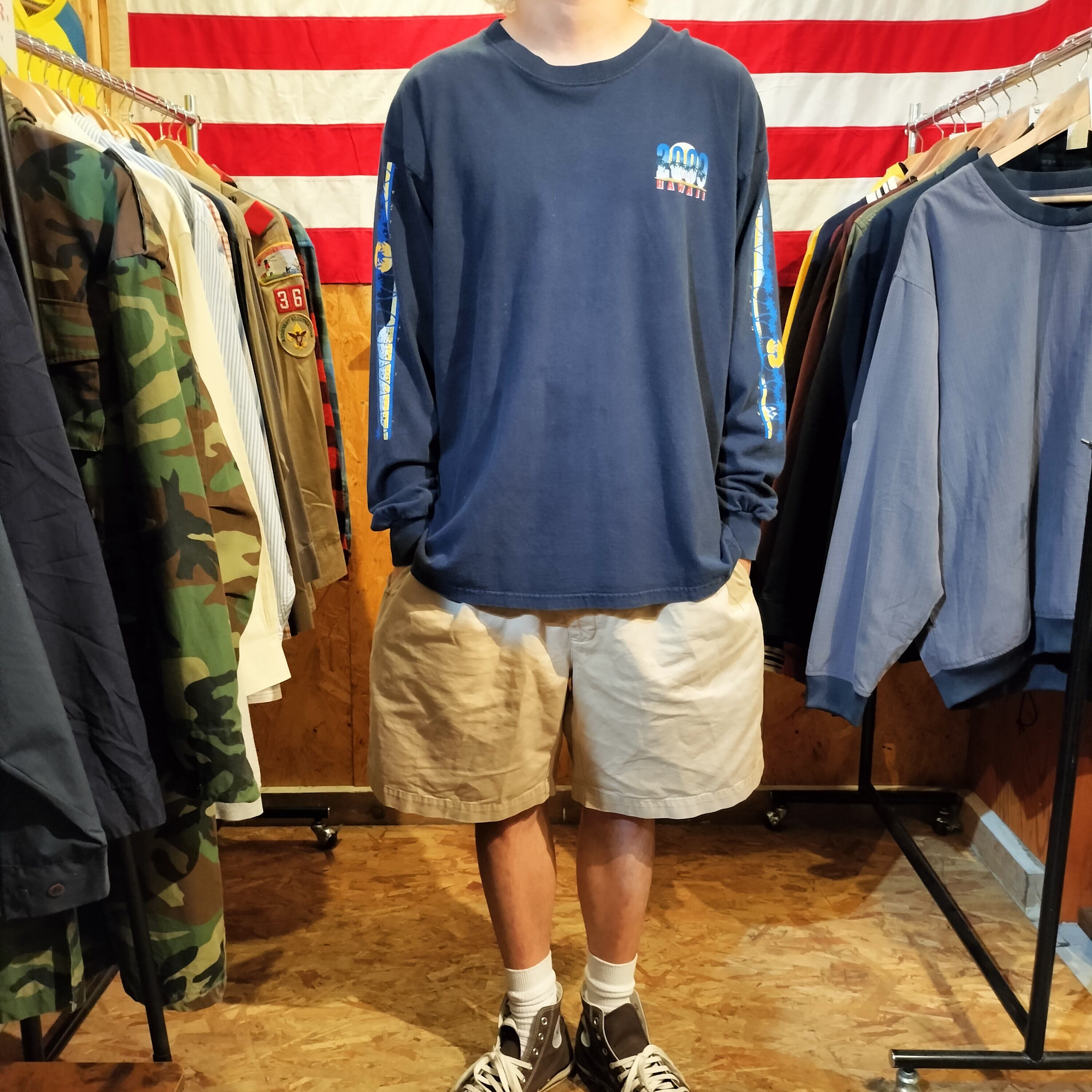 Used ロンT◆XL HAWAII PARM TREE ダークネイビー◆USA古着 ヴィンテージ