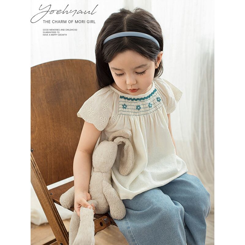 女の子 綿100% フラワー刺繍 ゆったりAライン ドレスシャツ 花柄 レース付き フライスリーブ