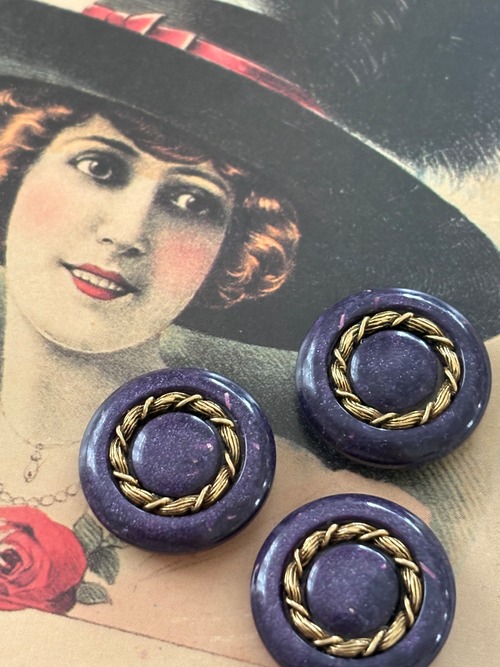20mm Japanese Vintage ボタン パープル×金古美 昭和レトロ アクセサリーパーツ 装飾材 カルトナージュ