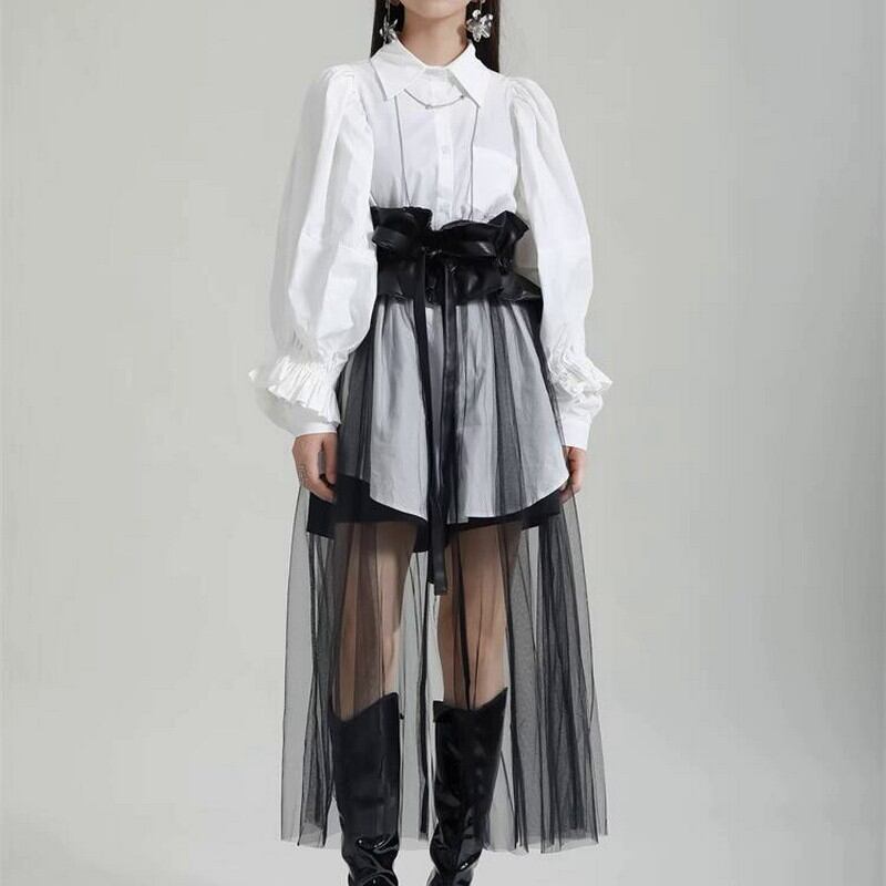 メッシュウエストベルト×Aラインシャツワンピース セットアップ A0148