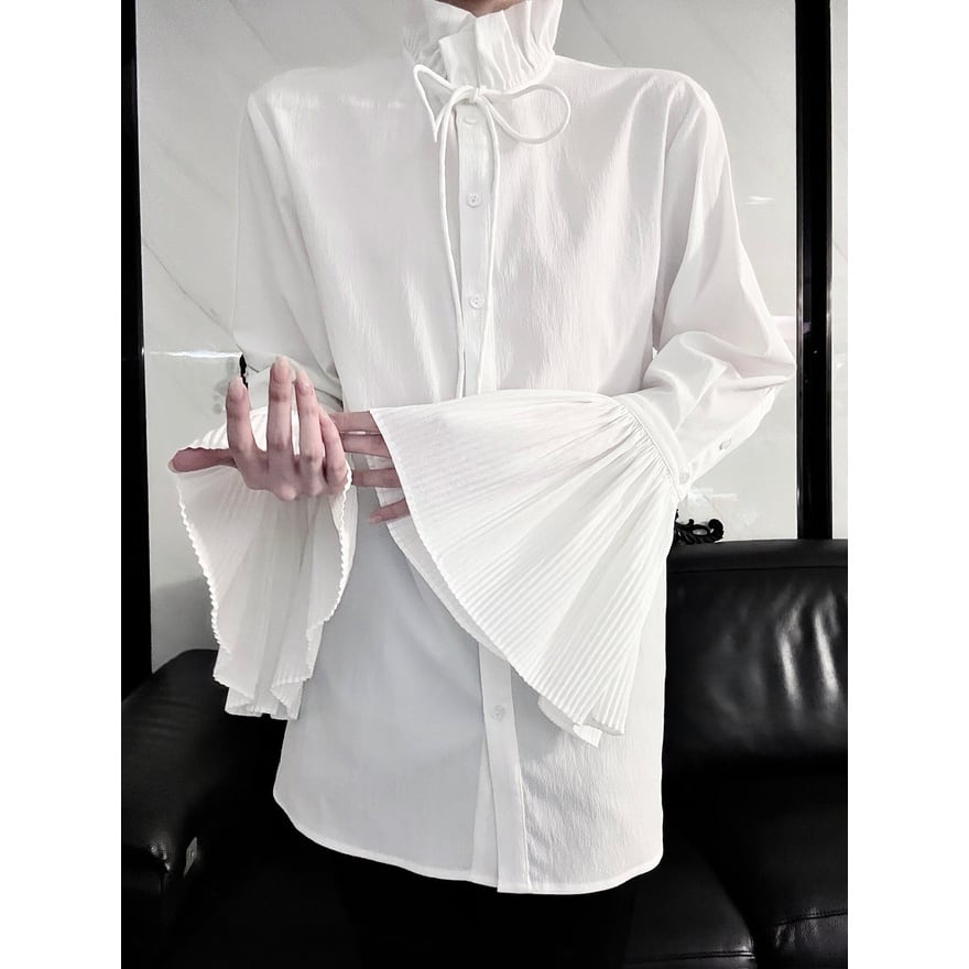ゴスロリ プリーツフレア袖ハイネックブラウス 白 上品なおでかけ向け|WithU