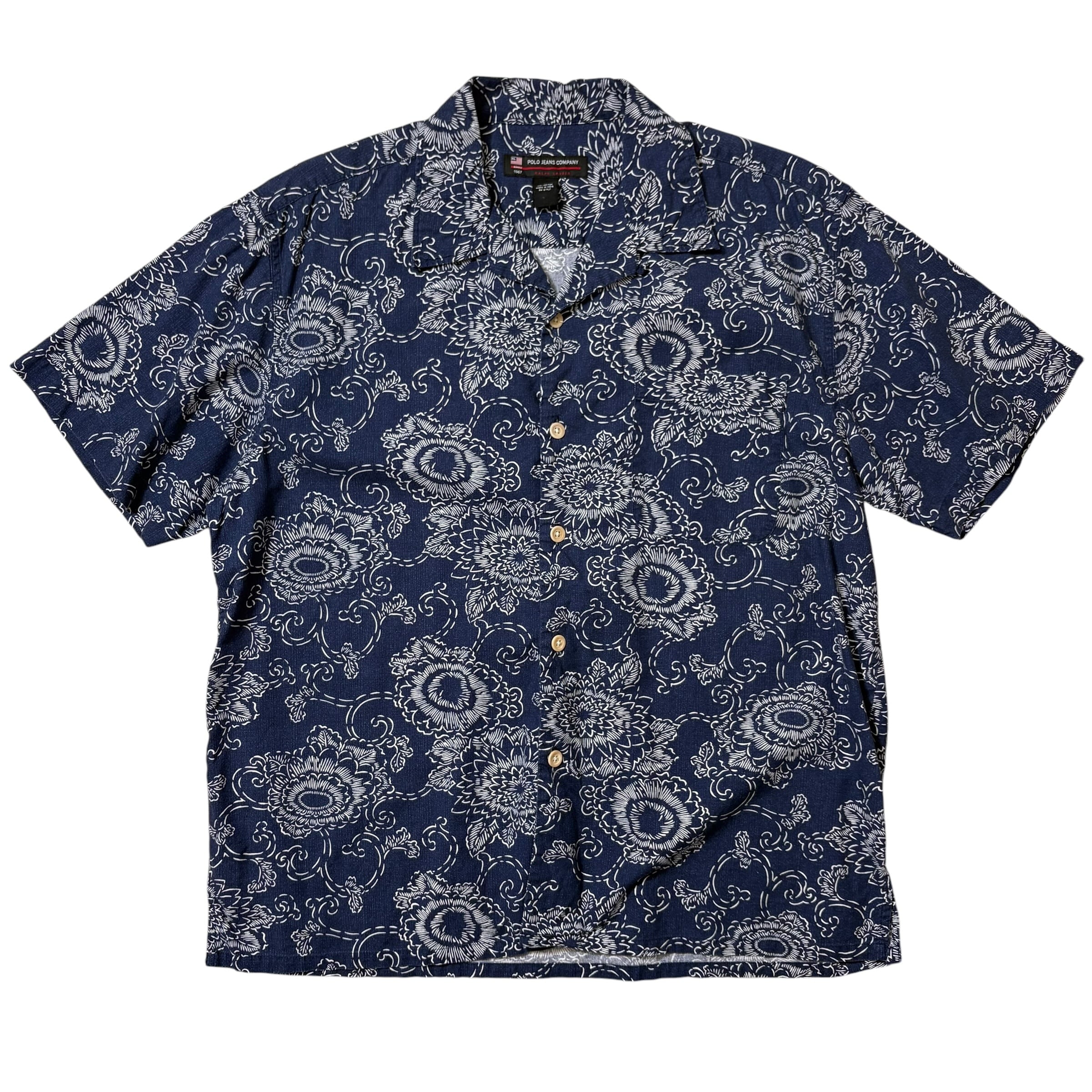 USA製 ラルフローレン 柄シャツ ハワイアンシャツ 和柄 レーヨン ネイビー USA製 Polo by Ralph Lauren ラルフローレン 柄シャツ ハワイアン