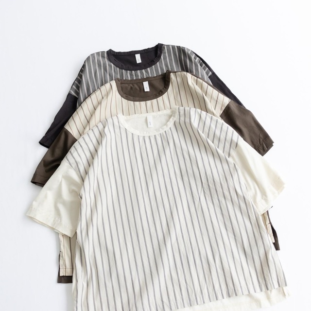 プリット prit 60/2シルケット天竺×80/2サテンストライプ切替5分袖Tシャツ(P92316)全3色【レターパックプラス可】