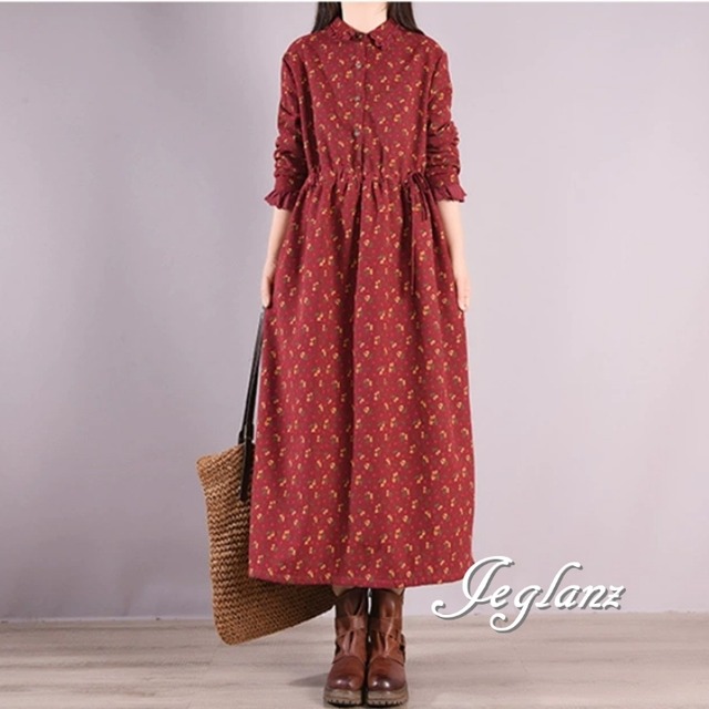 小花柄 ワンピース  ドロスト 襟付き レース 異素材 2色  ♪（MB066）γα