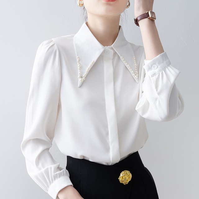 パール サテン シャツ ブラウス ホワイト 250323