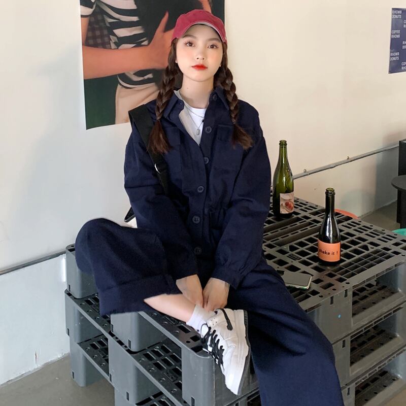 ジャンプスーツ オールインワン スプリングオータムスリムスタンダードハイウェストウェストワイドレッグ レトロ 春物 秋物 ワイドパンツ スーパーモール7082982696