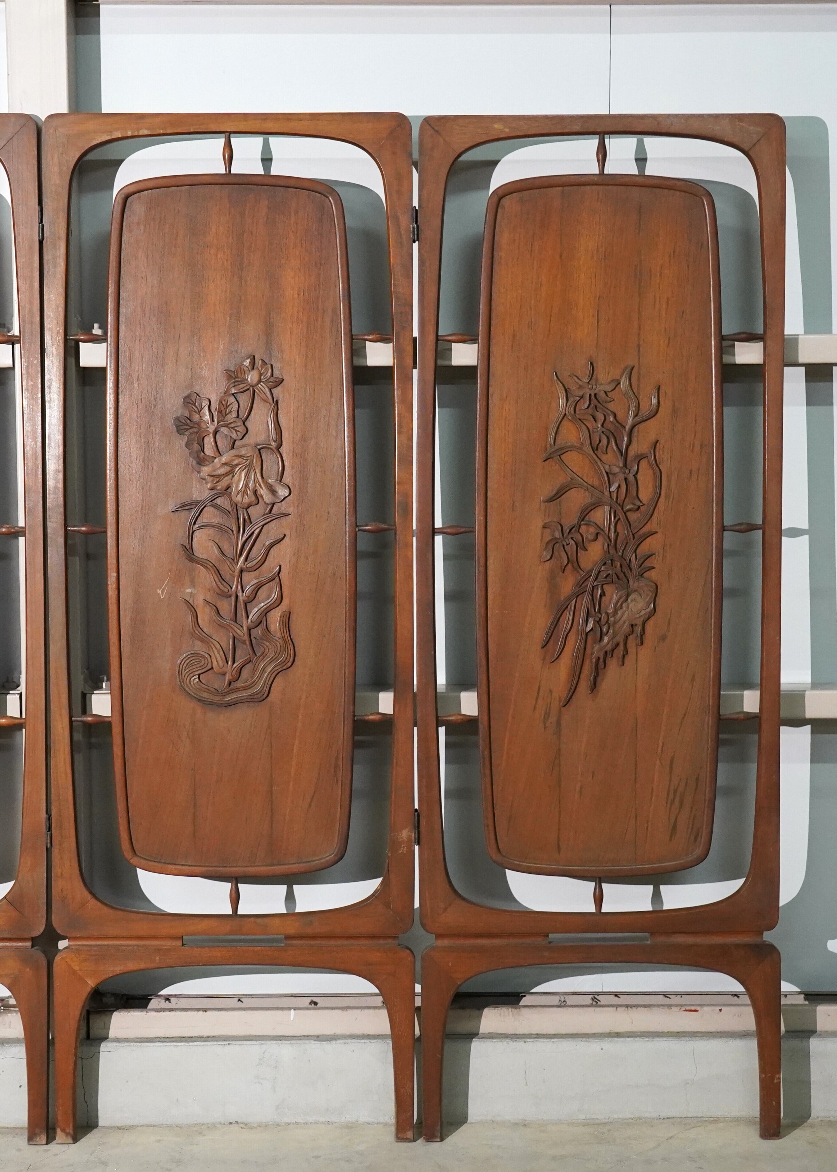 昭和レトロ当時物 美術骨董品 欅 木製衝立4面 水墨画 和モダン