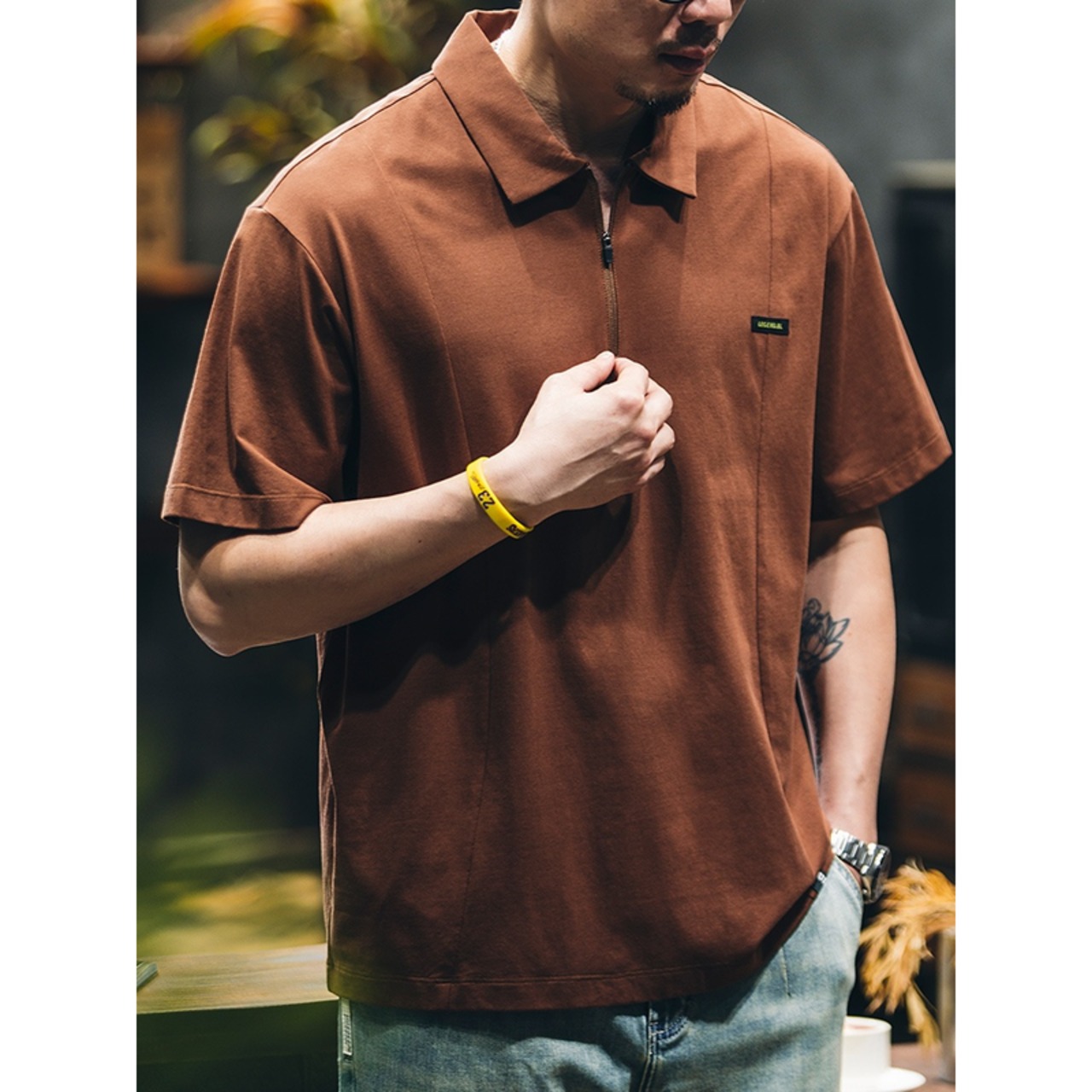 Half Zip Short Sleeve Shirt Box Silhouette ◇2color H0299