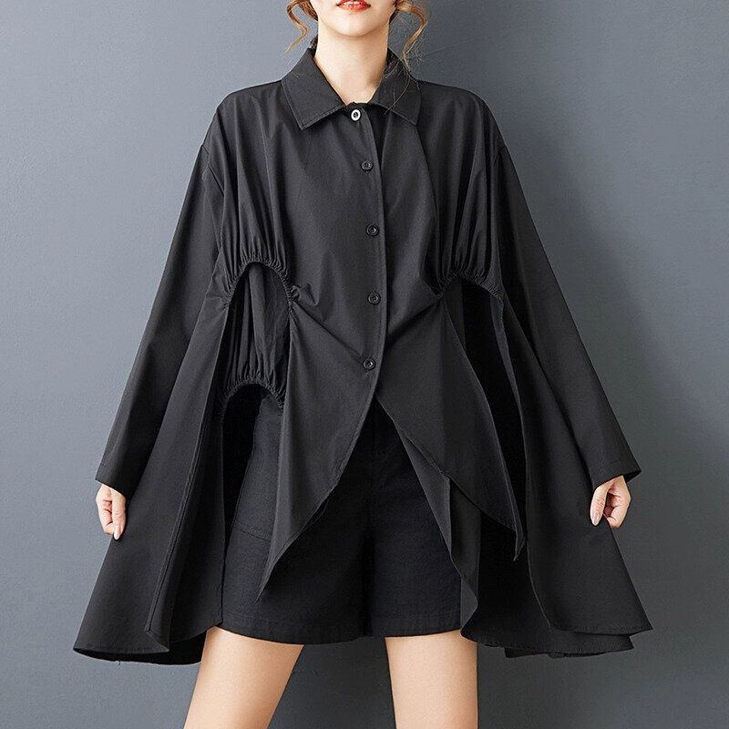 BLACK A-LINE LONG SLEEVES DESIGN TUNIC SHIRT 1color M-15474