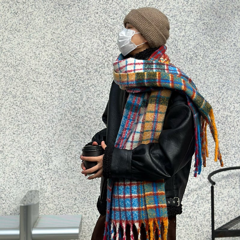 R1DGEマルチチェック柄フリンジマフラー | mblueshop