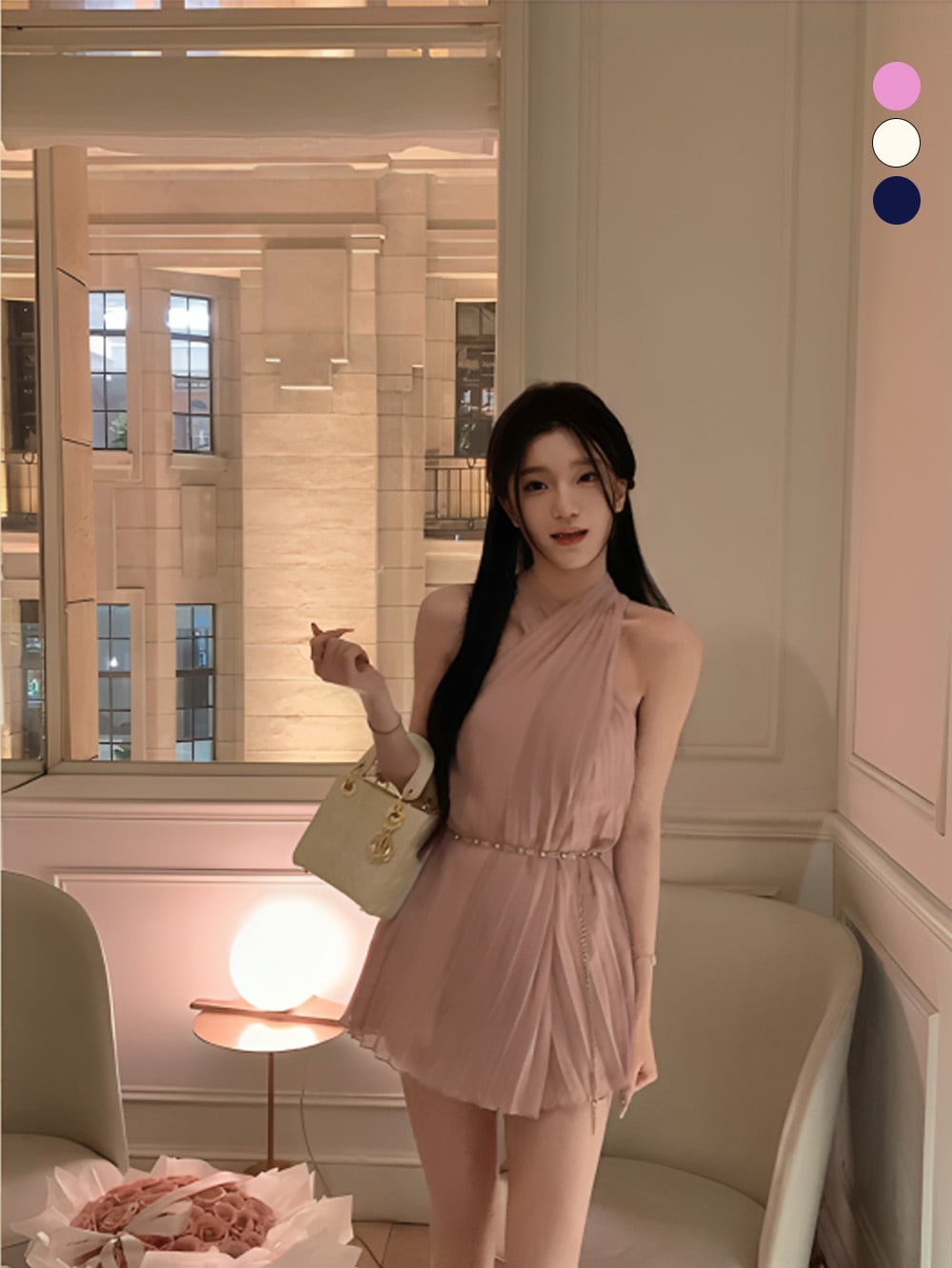 #きれいめ|チェーンベルテッドホルターネックシフォンミニワンピース