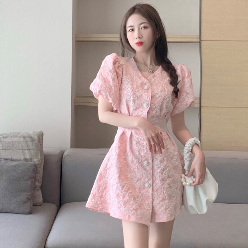 ショートスカート サマーVネックスリーブウェストスリムジャカードドレス 夏物 ハンチェンe56252218457