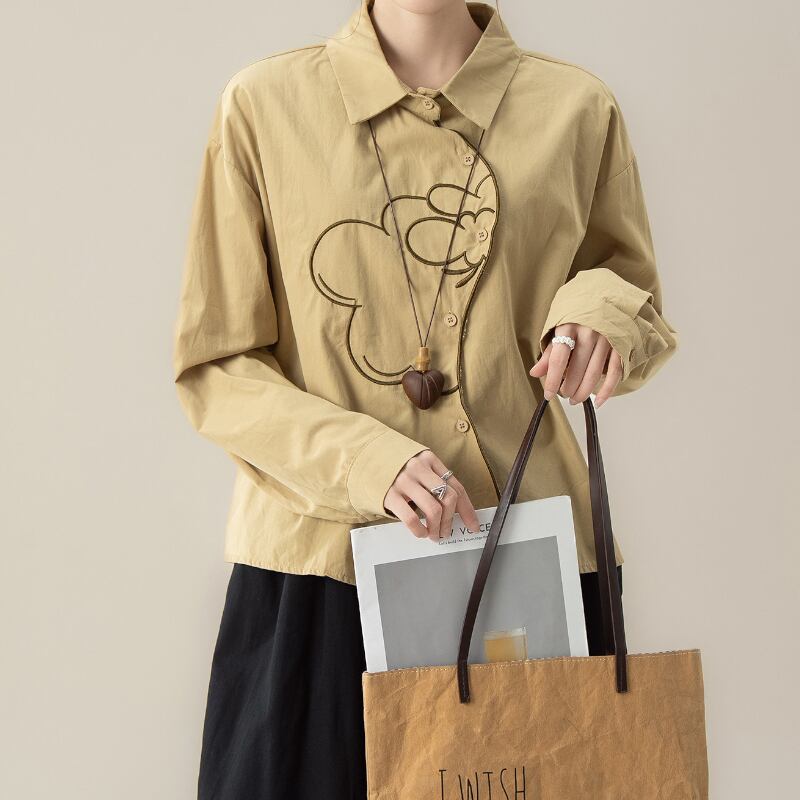 アシンメトリー花柄刺繍長袖シャツ M2182