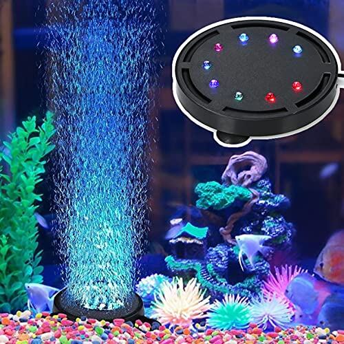 水族館エアストーン 気泡ライト アクアリウムライト 多色LED水槽ライト エアーポンプ 熱帯魚ライト 水槽用空気石 酸素補給 水槽装飾 気泡盤 吸盤式 丸形 (12粒のLEDランプ)