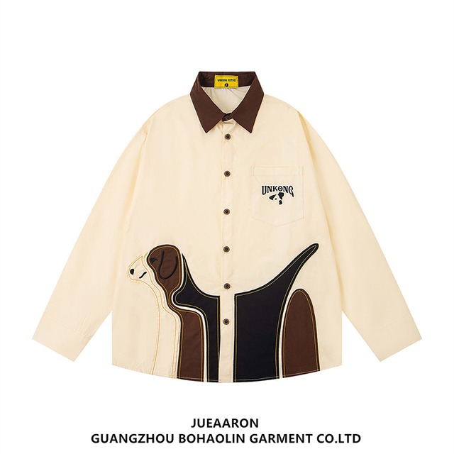 ♥犬柄シャツ！【JueAaronシリーズ】★シャツ★ 2color ユニセックス トップス メンズ 切り替え チェック柄 犬 犬柄