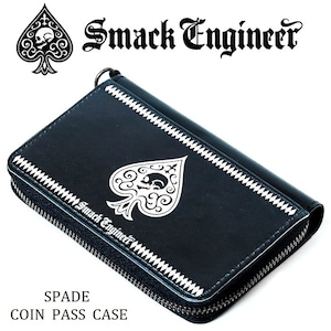 SMACK ENGINEER / スマックエンジニア「SPADE COIN PASS CASE」ミニ財布 サイフ ウォレット コインパスケース 小銭 お札 定期 名刺入れ ラウンドジップ レザー 小さい 黒白 ブラック スペード スカル ドクロ メンズレディース PUNKROCK パンクロック バンド ギフト無料 Rogia