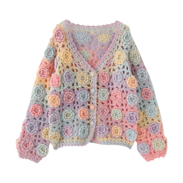 openwork colorful flower knit cardigan 2colors【2024090903】