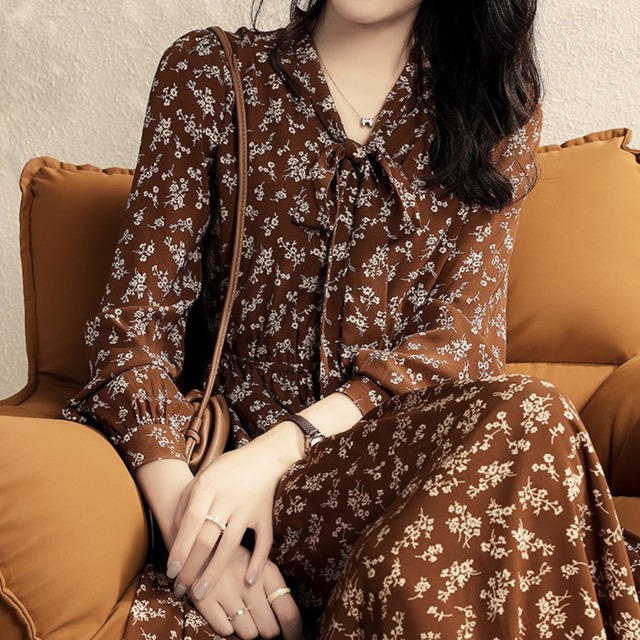 V neck elegant small flower long dress