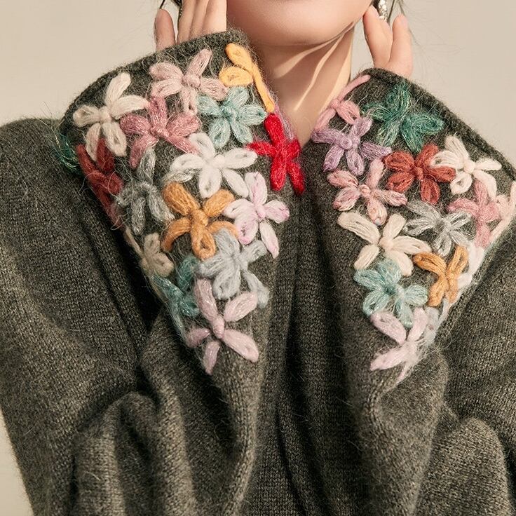 Sleeve Flower Embroidery Knit S0129