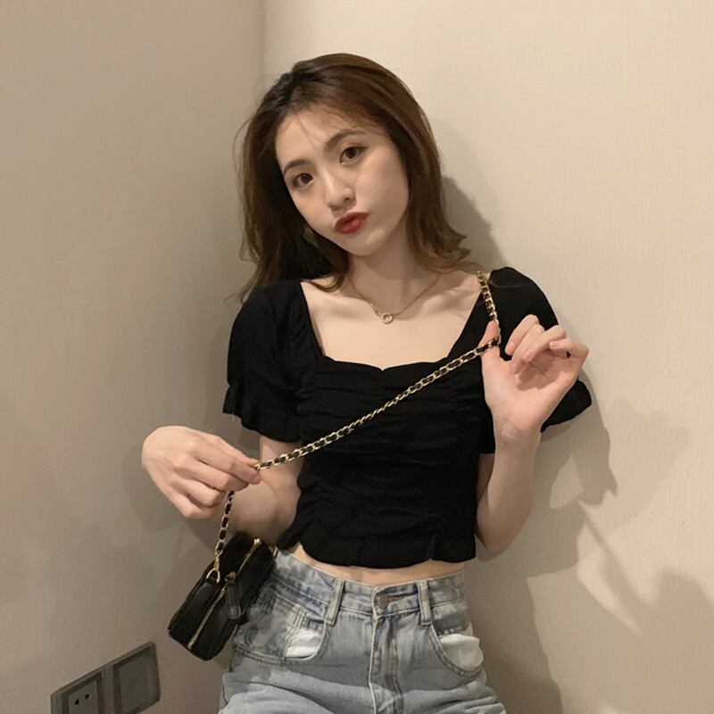 ブラックカラーショートトップス ドレス サマーニットTシャツ 夏物 スクウェア 試着室47475287563