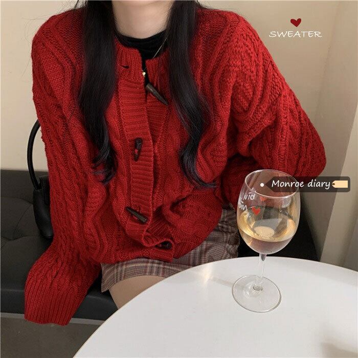 レッドセーター ジャケット レディースルーズ長袖スリーブニットショートトップス カーディガン ロング モンロー59632630665