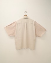 i’m here - Knit Short Sleeve Docking Shirts ：Beige｜オープンカラー／ニット袖ドッキング／袖口ダメージ