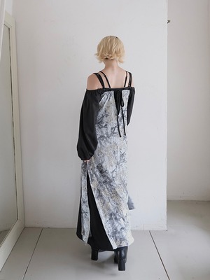 Velour Embroidery Layered Dress / BLUE GRAY