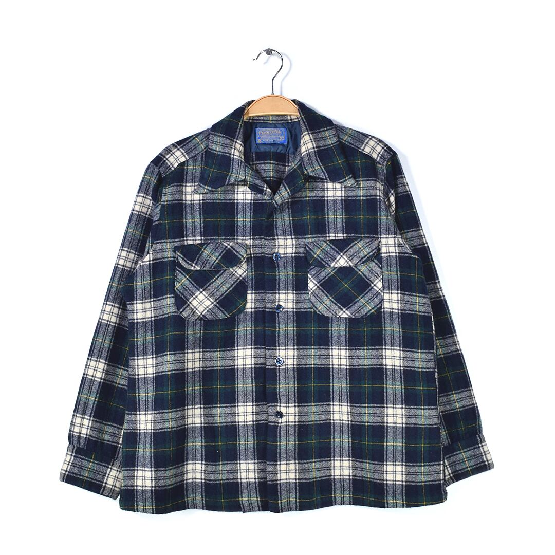70s ペンドルトン USA製 ヴィンテージウールシャツ オープンカラー 開襟シャツ タータンチェック PENDLETON メンズL 古着 @CA1401